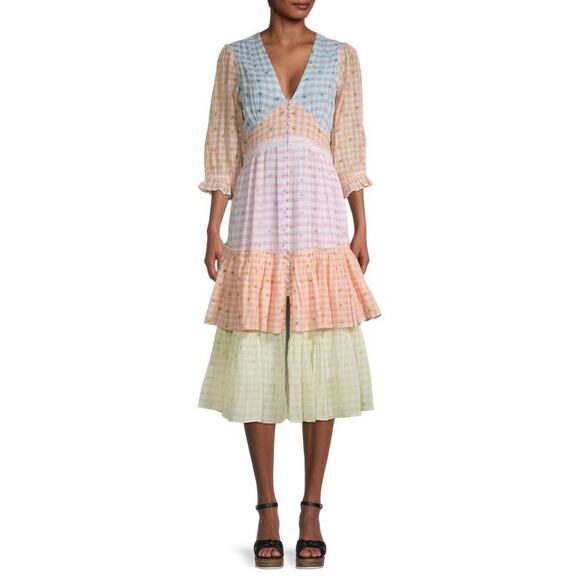LOVESHACKFANCY Ollie Tiered Floral Checkered Cotton boho Midi Dress size 2 - Picture 2 of 14